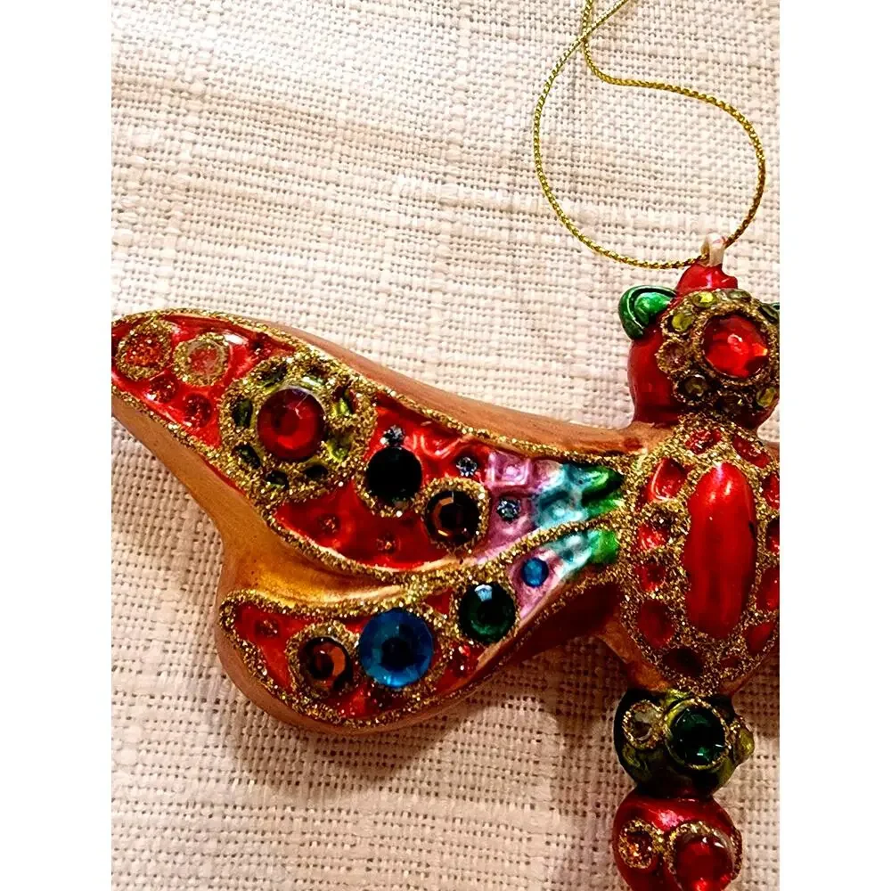 Jeweled Glass Dragonfly Christmas Ornament Rhinestone Mosaic Gold Iridescent